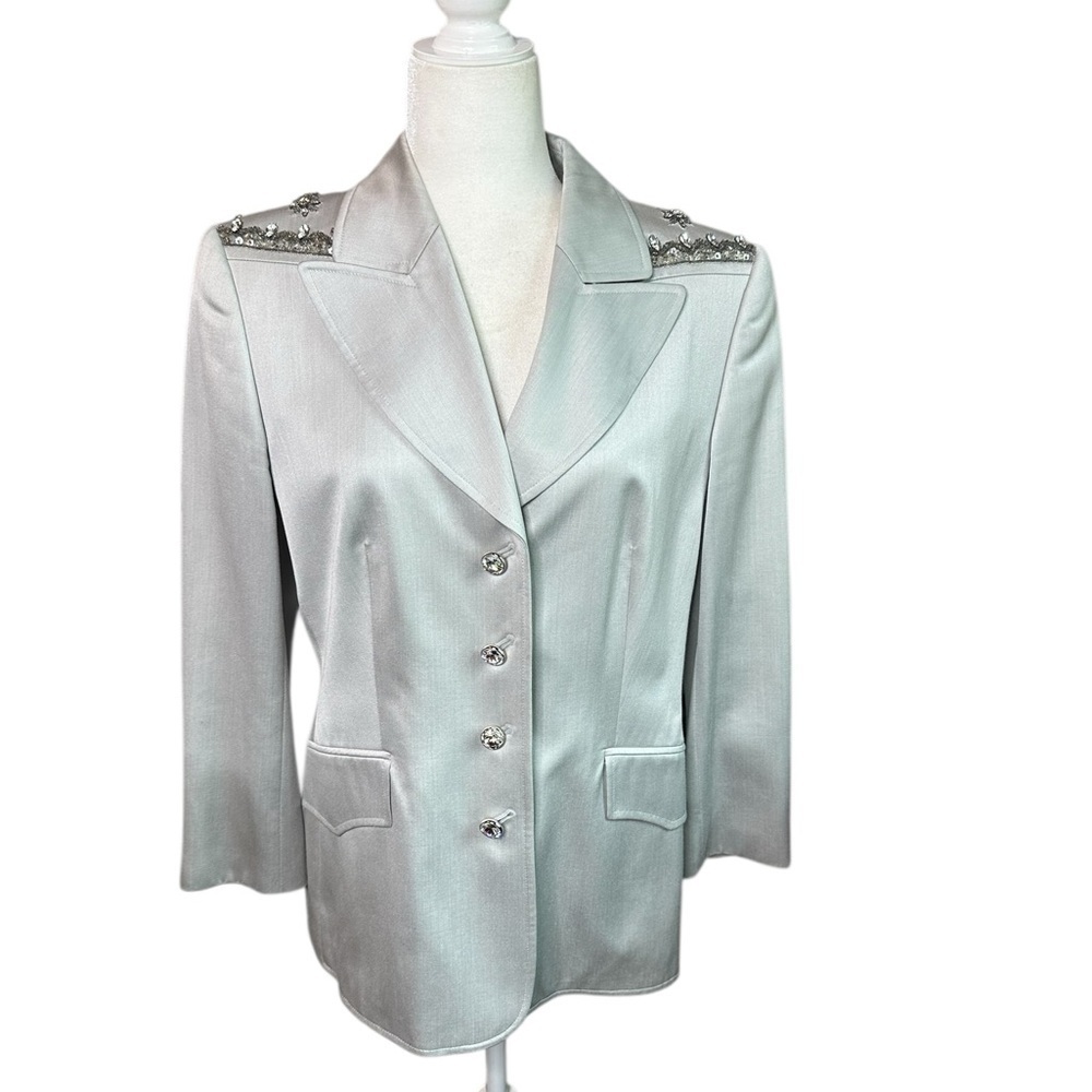 Escada Silver Blazer with Notched Lapel Rhinestone Embellishments Size 40